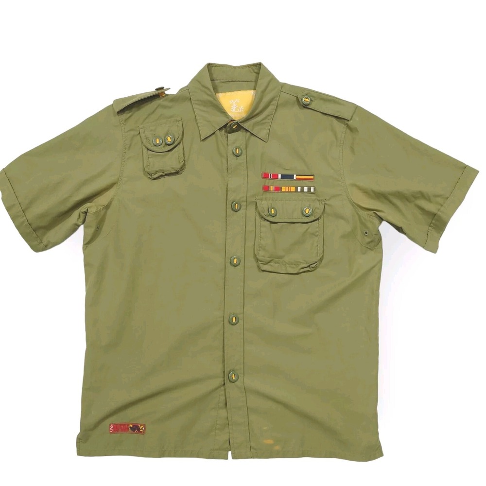 LRG Hustle And Grow Shirt Mens Large Button Up Army Green Short Sleeve Military